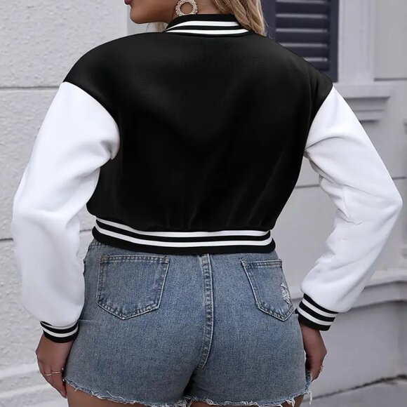 Elegant R Print Bomber Jacket Crop Button Front Jacket - Picture 2 of 4